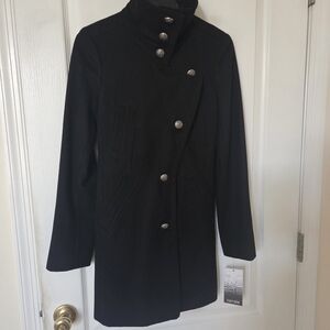 Kensie Classic Black Assymetrical Button Peacoat - Size Small